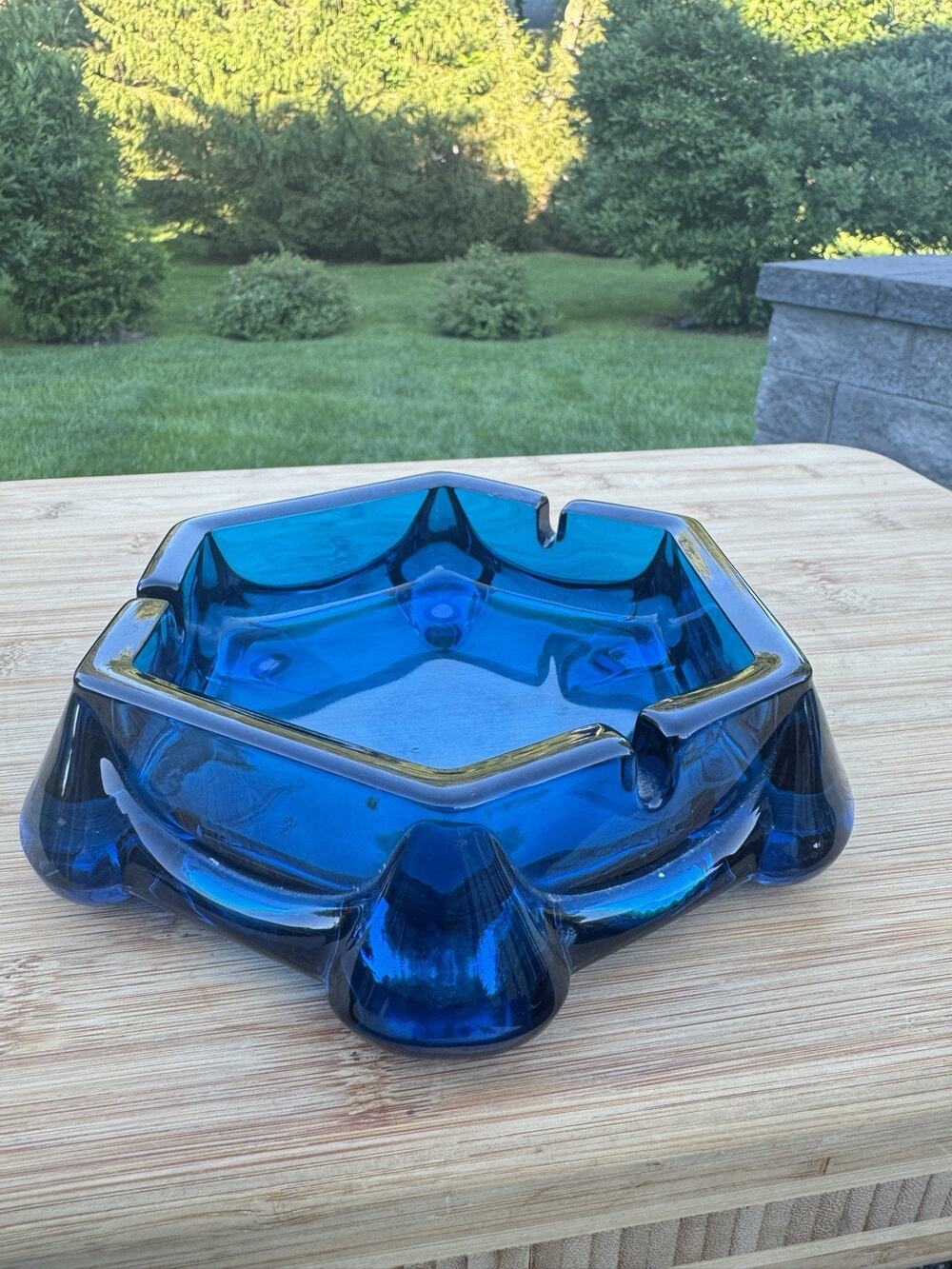 Vintage MCM Viking Glass Bluenique Blue Hexagon Ashentray / Catchall
